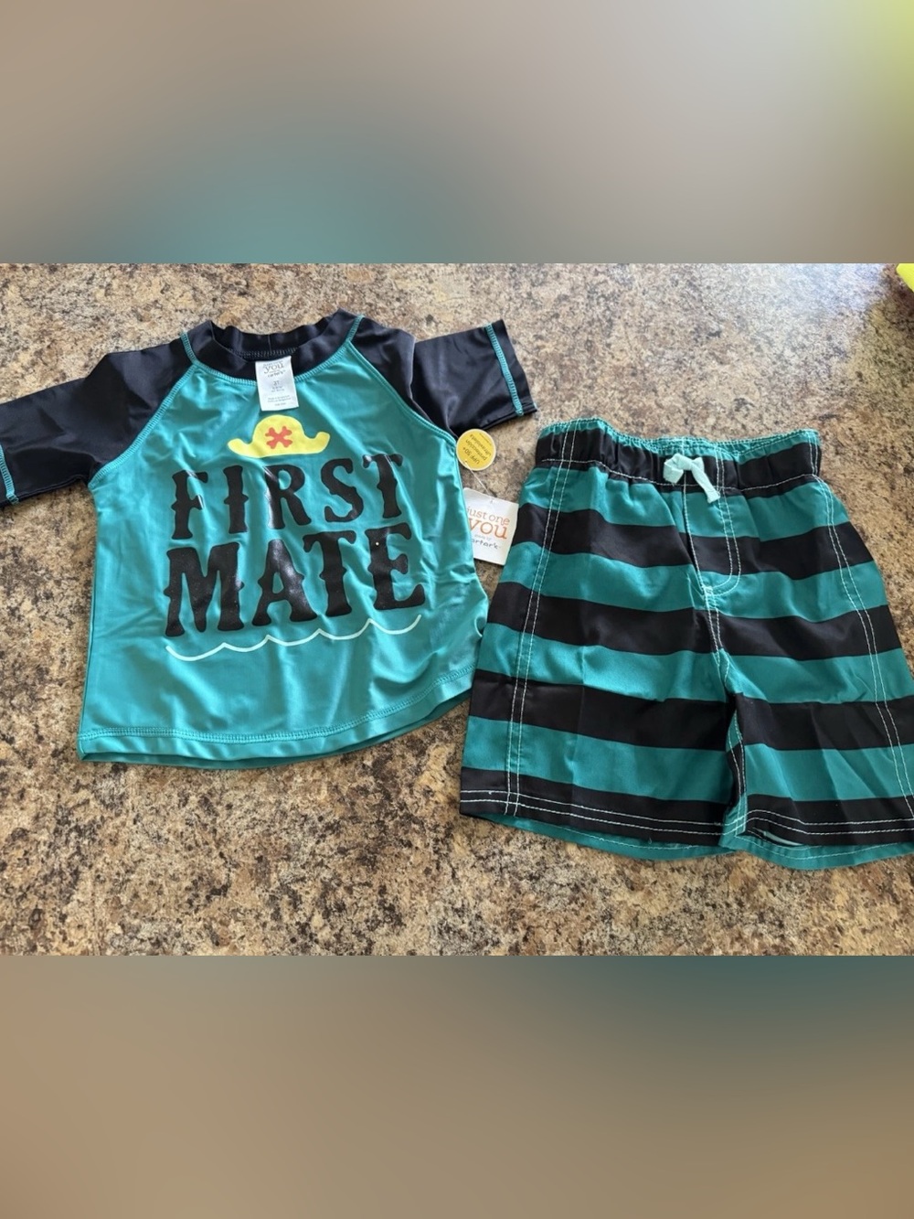 NWT Boys 3T Carters 2 Piece Teal Swim Shirt Trunks Rash Guard Shorts Cruise